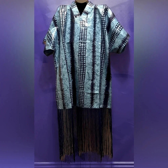 ZIXLUXE Fashion Loose Fit half Fringe Adire Kaftan | Coverup | maxi V Neck dress - Picture 4 of 12